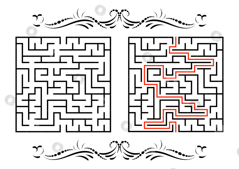 Скачать Абстрактный квадратный лабиринт. Игра для детей. Головоломка для детей. Один вход, один выход. Головоломка-лабиринт. Плоская векторная иллюстрация, изолированная на белом фоне. С ответом. С винтажной рамкой фотосток Ozero