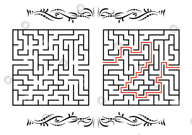 Скачать Абстрактный квадратный лабиринт. Игра для детей. Головоломка для детей. Один вход, один выход. Головоломка-лабиринт. Плоская векторная иллюстрация, изолированная на белом фоне. С ответом. С винтажной рамкой фотосток Ozero