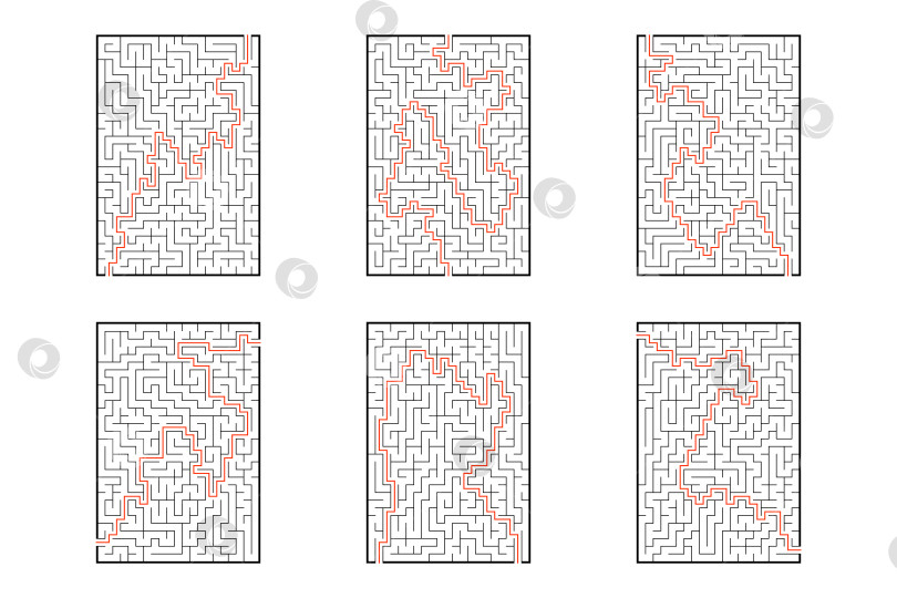 Скачать Набор прямоугольных лабиринтов. Игра для детей. Головоломка для детей. Головоломка-лабиринт. Плоская векторная иллюстрация, изолированная на белом фоне. С ответом. фотосток Ozero