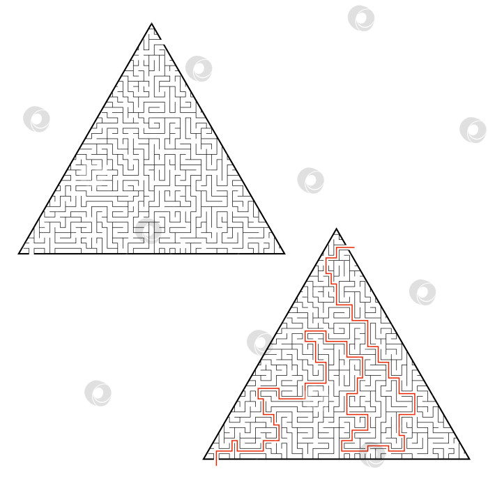 Скачать Сложный треугольный лабиринт. Игра для детей и взрослых. Головоломка для детей. Один вход, один выход. Головоломка-лабиринт. Плоская векторная иллюстрация, изолированная на белом фоне. С ответом. фотосток Ozero