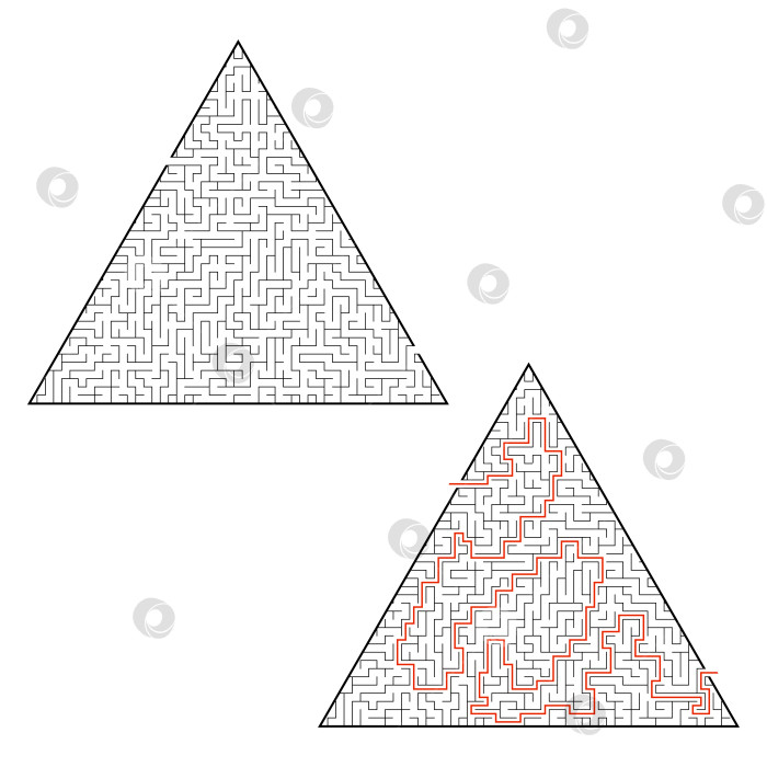 Скачать Сложный треугольный лабиринт. Игра для детей и взрослых. Головоломка для детей. Один вход, один выход. Головоломка-лабиринт. Плоская векторная иллюстрация, изолированная на белом фоне. С ответом. фотосток Ozero