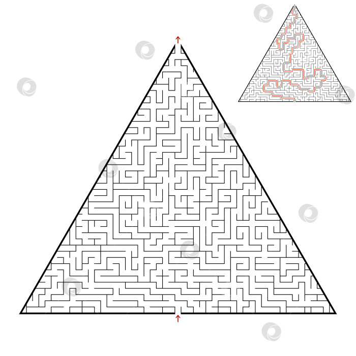 Скачать Сложный треугольный лабиринт. Игра для детей и взрослых. Головоломка для детей. Один вход, один выход. Головоломка-лабиринт. Плоская векторная иллюстрация, изолированная на белом фоне. С ответом. фотосток Ozero