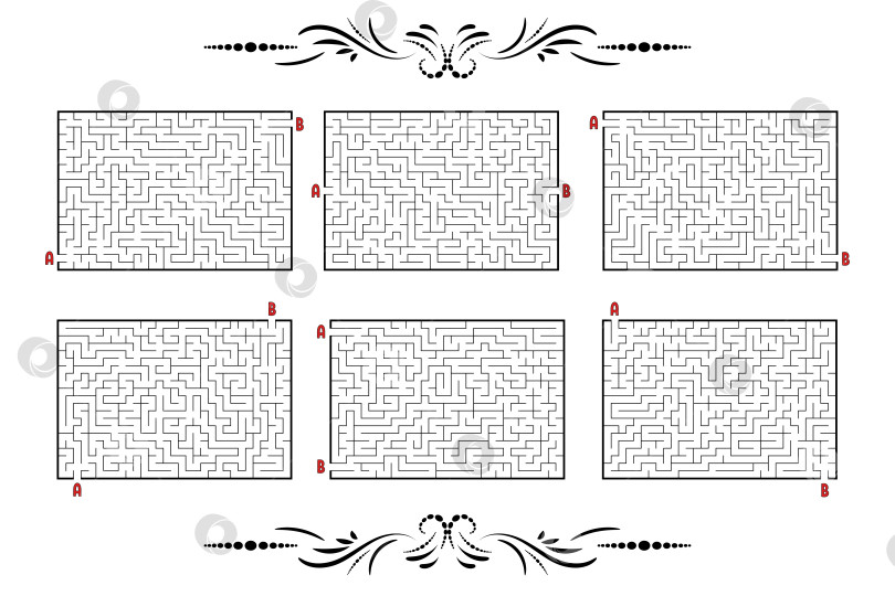 Скачать Набор прямоугольных лабиринтов. Игра для детей. Головоломка для детей. Головоломка-лабиринт. Плоская векторная иллюстрация, изолированная на белом фоне. фотосток Ozero
