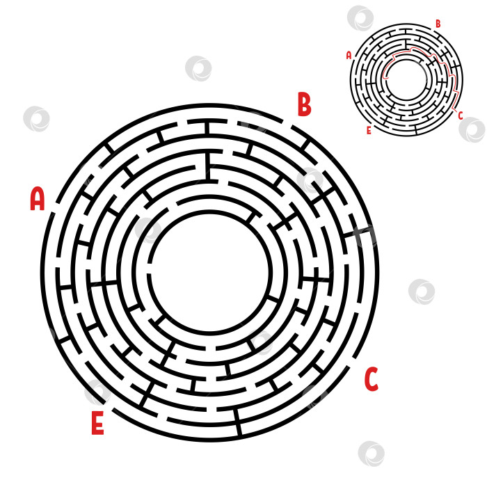 Скачать Абстрактный круглый лабиринт. Игра для детей. Головоломка для детей. Найдите правильный путь. Головоломка-лабиринт. Плоская векторная иллюстрация, изолированная на белом фоне. С ответом. С местом для вашего изображения. фотосток Ozero