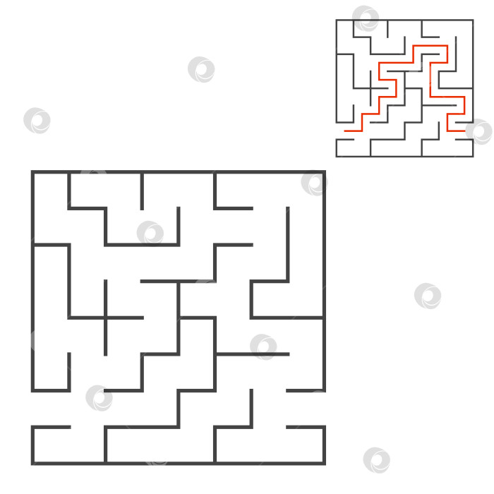 Скачать Абстрактный квадратный лабиринт. Игра для детей. Головоломка для детей. Один вход, один выход. Головоломка-лабиринт. Плоская векторная иллюстрация, изолированная на белом фоне. С ответом. фотосток Ozero