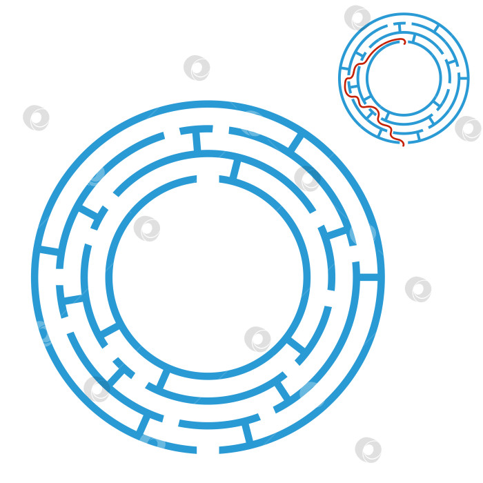 Скачать Абстрактный круглый лабиринт. Игра для детей. Головоломка для детей. Один вход, один выход. Головоломка-лабиринт. Плоская векторная иллюстрация, изолированная на белом фоне. С ответом. фотосток Ozero