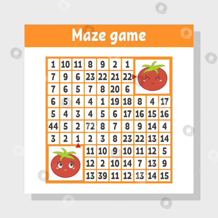 Скачать Математический цветной квадратный лабиринт. Помогите одному помидору добраться до другого. Игра для детей. Головоломка для детей. Изучение чисел. Головоломка-лабиринт. Плоская векторная иллюстрация, изолированная на белом фоне. фотосток Ozero