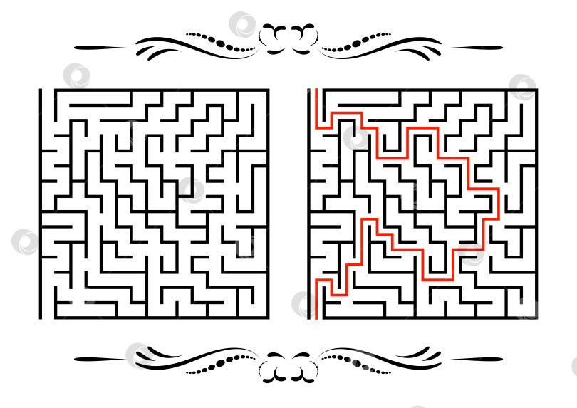 Скачать Абстрактный квадратный лабиринт. Игра для детей. Головоломка для детей. Один вход, один выход. Головоломка-лабиринт. Плоская векторная иллюстрация, изолированная на белом фоне. С ответом. С винтажной рамкой фотосток Ozero