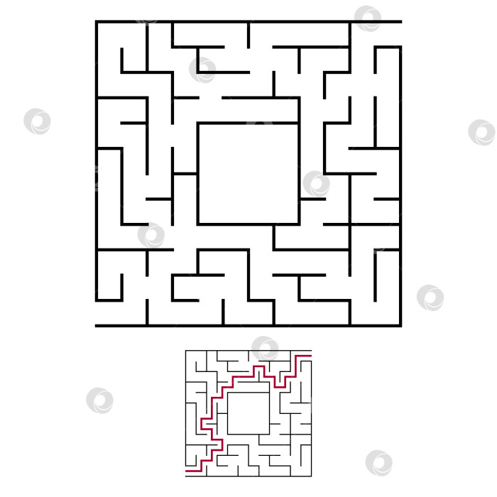 Скачать Черный квадратный лабиринт с входом и выходом. Интересная и полезная игра для детей. Простая плоская векторная иллюстрация, выделенная на белом фоне. С местом для ваших рисунков. С ответом. фотосток Ozero