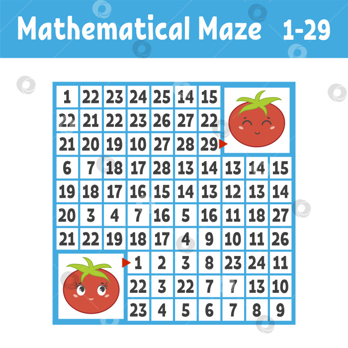 Скачать Математический цветной квадратный лабиринт. Помогите одному помидору добраться до другого. Игра для детей. Головоломка для детей. Изучение чисел. Головоломка-лабиринт. Плоская векторная иллюстрация, изолированная на белом фоне. фотосток Ozero
