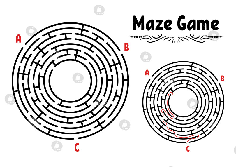 Скачать Абстрактный круглый лабиринт. Игра для детей. Головоломка для детей. Головоломка-лабиринт. Плоская векторная иллюстрация, изолированная на белом фоне. С ответом. Винтажный стиль фотосток Ozero