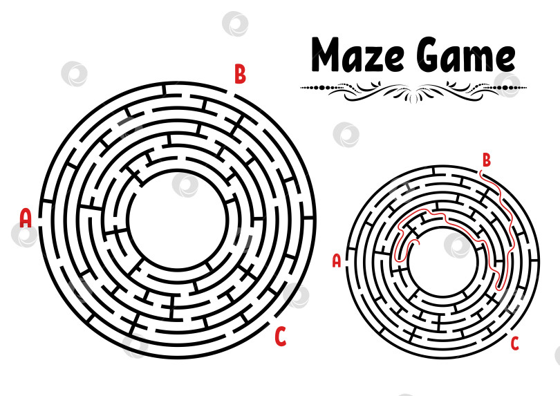 Скачать Абстрактный круглый лабиринт. Игра для детей. Головоломка для детей. Головоломка-лабиринт. Плоская векторная иллюстрация, изолированная на белом фоне. С ответом. Винтажный стиль фотосток Ozero
