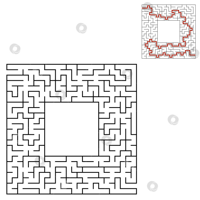 Скачать Черный квадратный лабиринт с входом и выходом. Интересная и полезная игра для детей. Простая плоская векторная иллюстрация, выделенная на белом фоне. С местом для ваших рисунков. С ответом. фотосток Ozero