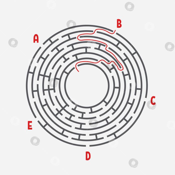 Скачать Абстрактный круглый лабиринт. Игра для детей. Детская головоломка. Пять входов, один выход. Головоломка-лабиринт. Простая плоская векторная иллюстрация, выделенная на белом фоне. С ответом. фотосток Ozero
