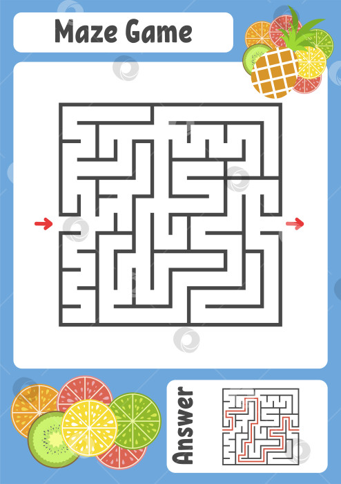 Скачать Абстрактный квадратный лабиринт. Рабочие листы для детей. Страница с заданиями. Игра-головоломка для детей. Тропические фрукты из милого мультфильма. Головоломка-лабиринт. Векторная иллюстрация. С ответом. фотосток Ozero