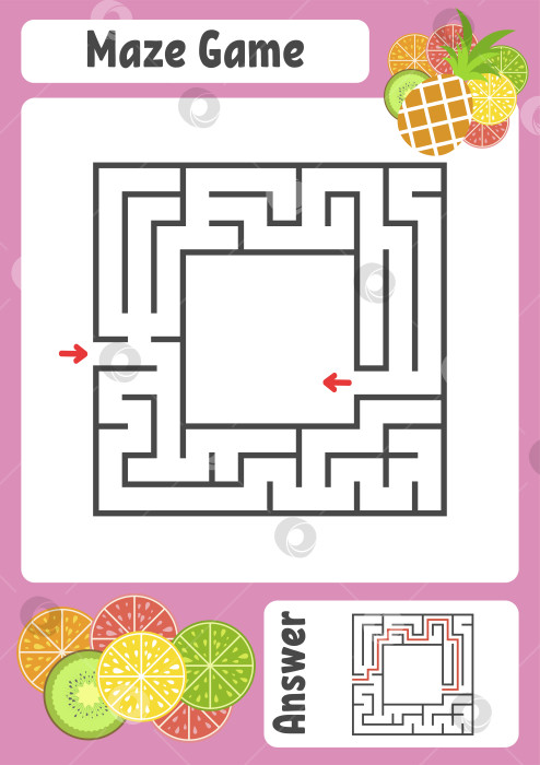 Скачать Абстрактный квадратный лабиринт. Рабочие листы для детей. Страница с заданиями. Игра-головоломка для детей. Тропические фрукты из милого мультфильма. Головоломка-лабиринт. Векторная иллюстрация. С ответом. фотосток Ozero