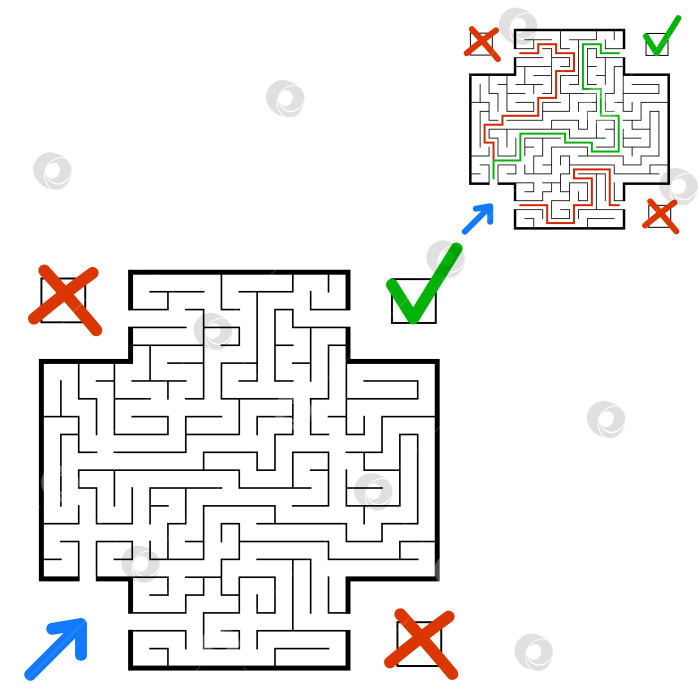 Скачать Абстрактный квадратный лабиринт. Найдите правильный путь. Игра для детей. Головоломка для детей. Головоломка-лабиринт. Плоская векторная иллюстрация, изолированная на белом фоне. С ответом. С местом для вашего изображения. фотосток Ozero