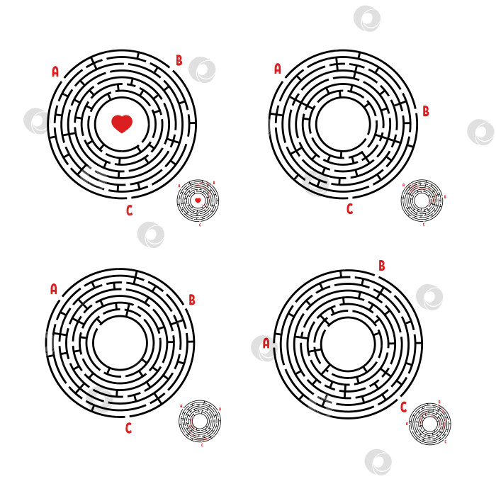 Скачать Набор круглых лабиринтов. Игра для детей. Головоломка для детей. Головоломка-лабиринт. Плоская векторная иллюстрация, изолированная на белом фоне. С ответом. фотосток Ozero