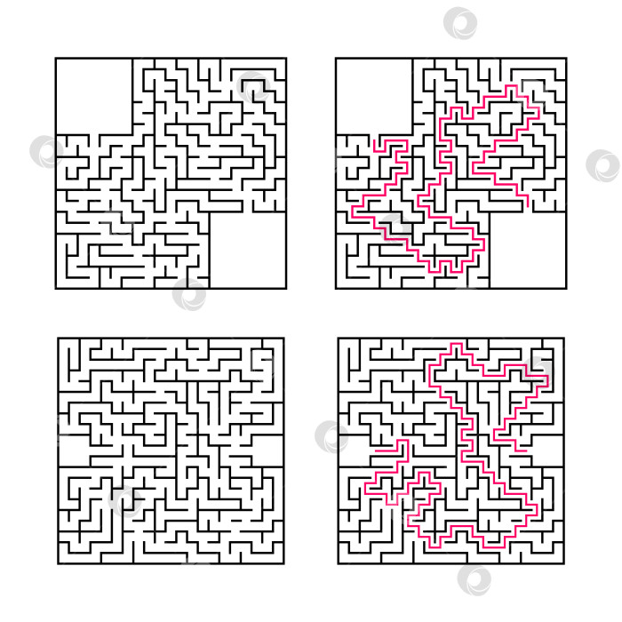 Скачать Набор квадратных лабиринтов. Игра для детей. Головоломка для детей. Один вход, один выход. Головоломка-лабиринт. Плоская векторная иллюстрация, изолированная на белом фоне. С ответом. С местом для вашего изображения. фотосток Ozero