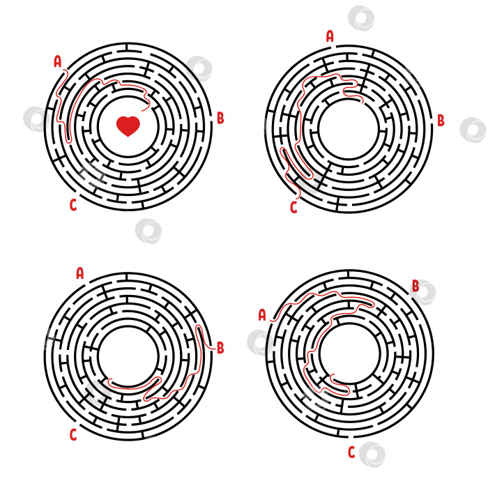 Скачать Набор круглых лабиринтов. Игра для детей. Головоломка для детей. Головоломка-лабиринт. Плоская векторная иллюстрация, изолированная на белом фоне. С ответом. фотосток Ozero
