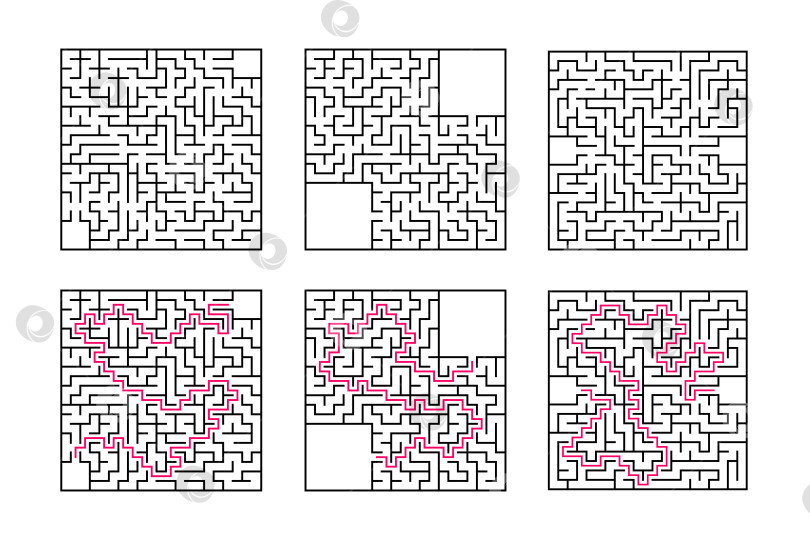 Скачать Набор квадратных лабиринтов. Игра для детей. Головоломка для детей. Один вход, один выход. Головоломка-лабиринт. Плоская векторная иллюстрация, изолированная на белом фоне. С ответом. С местом для вашего изображения. фотосток Ozero