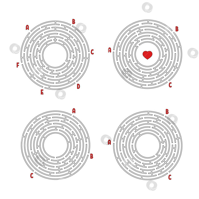 Скачать Набор круглых лабиринтов. Игра для детей. Головоломка для детей. Головоломка-лабиринт. Плоская векторная иллюстрация, изолированная на белом фоне. фотосток Ozero