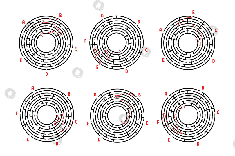 Скачать Набор круглых лабиринтов. Игра для детей. Головоломка для детей. Головоломка-лабиринт. Плоская векторная иллюстрация, изолированная на белом фоне. С ответом. фотосток Ozero