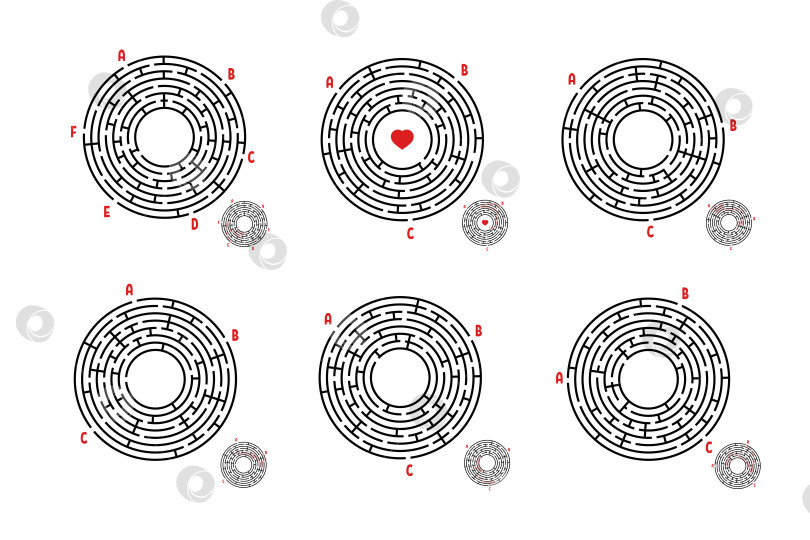 Скачать Набор круглых лабиринтов. Игра для детей. Головоломка для детей. Головоломка-лабиринт. Плоская векторная иллюстрация, изолированная на белом фоне. фотосток Ozero