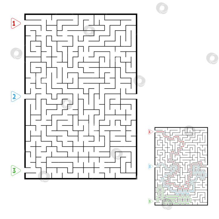Скачать Абстрактный прямоугольный большой лабиринт. Игра для детей. Головоломка для детей. Три входа, один выход. Головоломка-лабиринт. Плоская векторная иллюстрация, изолированная на белом фоне. С ответом. фотосток Ozero