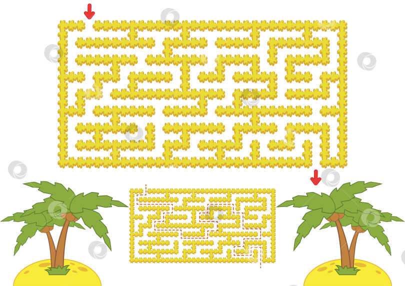 Скачать Цветной прямоугольный лабиринт. Желтый пляж с пальмами в мультяшном стиле. Игра для детей. Головоломка для детей. Головоломка-лабиринт. Плоская векторная иллюстрация, изолированная на белом фоне. С ответом. фотосток Ozero