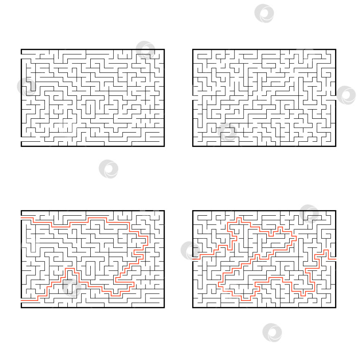 Скачать Набор прямоугольных лабиринтов. Игра для детей. Головоломка для детей. Головоломка-лабиринт. Плоская векторная иллюстрация, изолированная на белом фоне. С ответом. фотосток Ozero