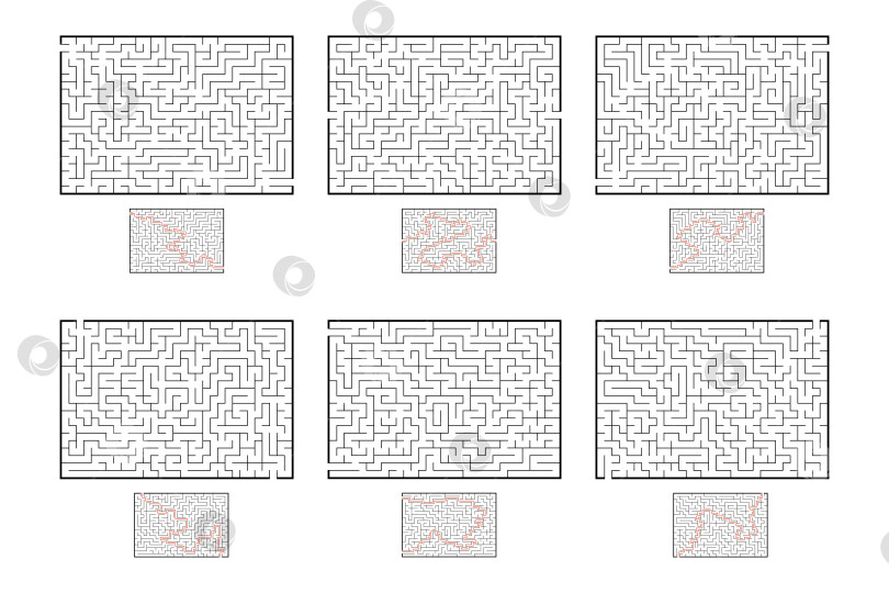 Скачать Набор прямоугольных лабиринтов. Игра для детей. Головоломка для детей. Головоломка-лабиринт. Плоская векторная иллюстрация, изолированная на белом фоне. С ответом. фотосток Ozero