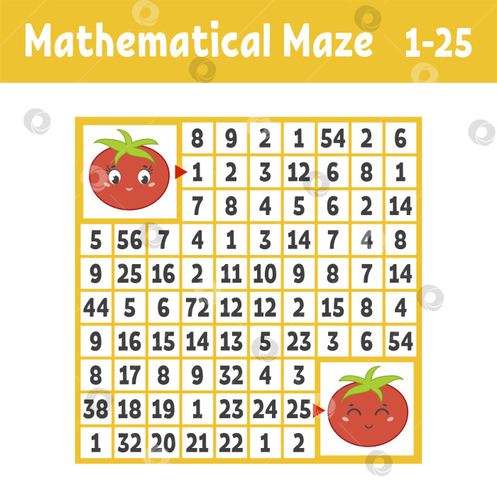Скачать Математический цветной квадратный лабиринт. Помогите одному помидору добраться до другого. Игра для детей. Головоломка для детей. Изучение чисел. Головоломка-лабиринт. Плоская векторная иллюстрация, изолированная на белом фоне. фотосток Ozero