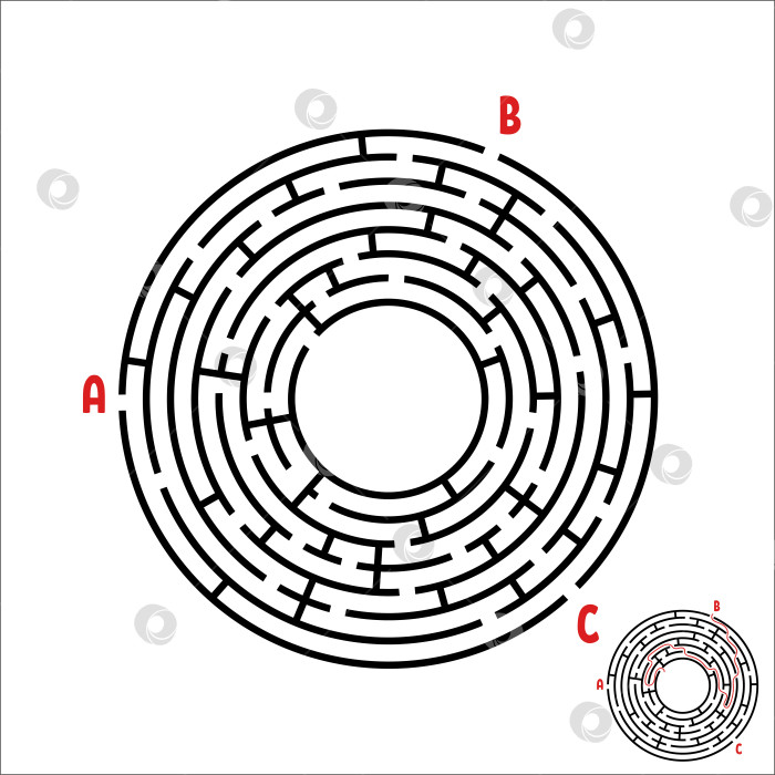 Скачать Черный круглый лабиринт. Игра для детей. Детская головоломка. Много входов, один выход. Головоломка-лабиринт. Простая плоская векторная иллюстрация, выделенная на белом фоне. С местом для вашего изображения. фотосток Ozero