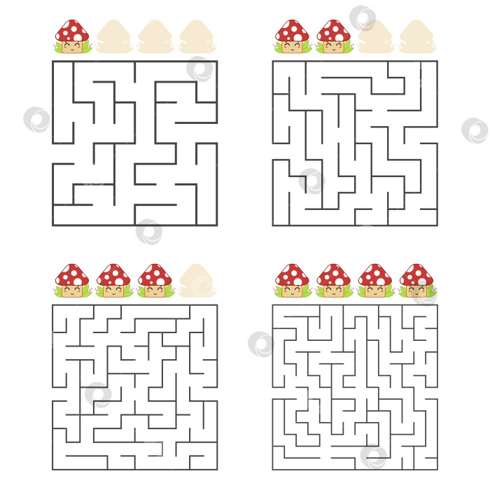 Скачать Набор квадратных лабиринтов. Четыре уровня сложности. Симпатичные грибочки. Игра для детей. Один вход, один выход. Головоломка-лабиринт. Плоская векторная иллюстрация, изолированная на белом фоне. фотосток Ozero