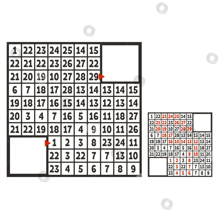 Скачать Математический квадратный лабиринт. Игра для детей. Головоломка для детей. Изучение чисел. Головоломка-лабиринт. Плоская векторная иллюстрация, изолированная на белом фоне. С ответом. С местом для вашего изображения. фотосток Ozero