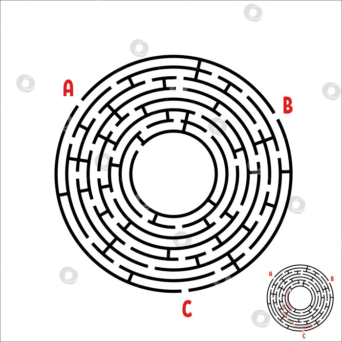 Скачать Черный круглый лабиринт. Игра для детей. Детская головоломка. Много входов, один выход. Головоломка-лабиринт. Простая плоская векторная иллюстрация, выделенная на белом фоне. С местом для вашего изображения. фотосток Ozero