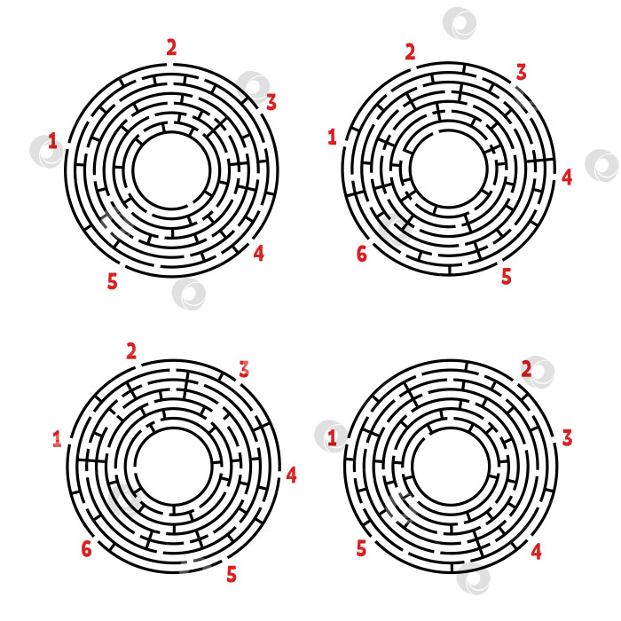 Скачать Набор круглых лабиринтов. Игра для детей. Головоломка для детей. Головоломка-лабиринт. Плоская векторная иллюстрация, изолированная на белом фоне. фотосток Ozero