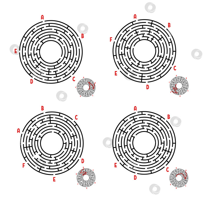 Скачать Набор круглых лабиринтов. Игра для детей. Головоломка для детей. Головоломка-лабиринт. Плоская векторная иллюстрация, изолированная на белом фоне. С ответом. фотосток Ozero