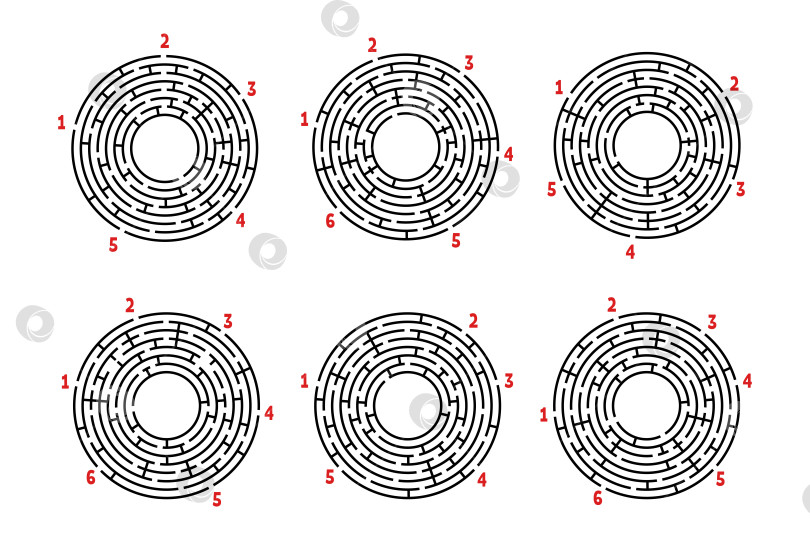 Скачать Набор круглых лабиринтов. Игра для детей. Головоломка для детей. Головоломка-лабиринт. Плоская векторная иллюстрация, изолированная на белом фоне. фотосток Ozero
