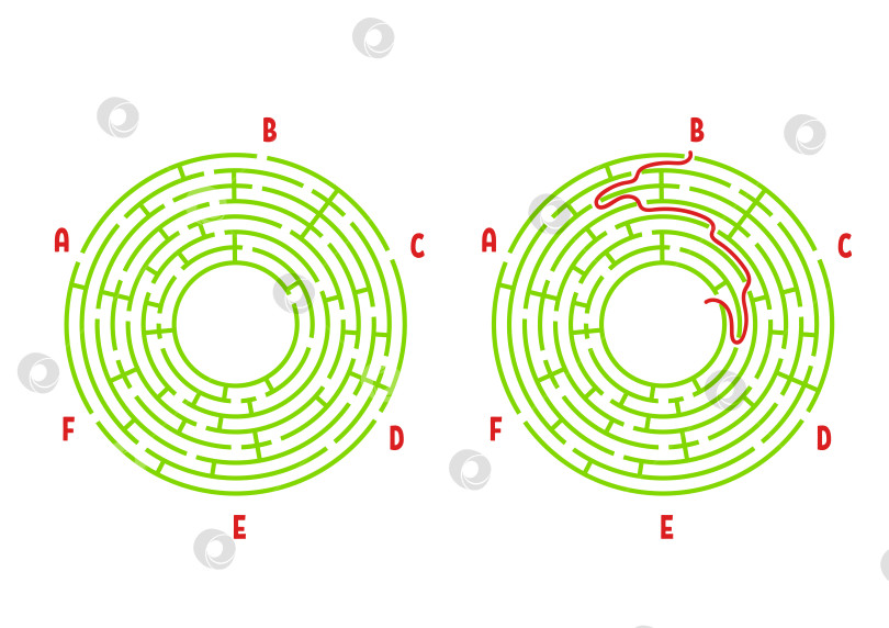 Скачать Цветной круглый лабиринт. Игра для детей. Головоломка для детей. Головоломка-лабиринт. Плоская векторная иллюстрация, выделенная на белом фоне. С ответом. С местом для вашего изображения. фотосток Ozero