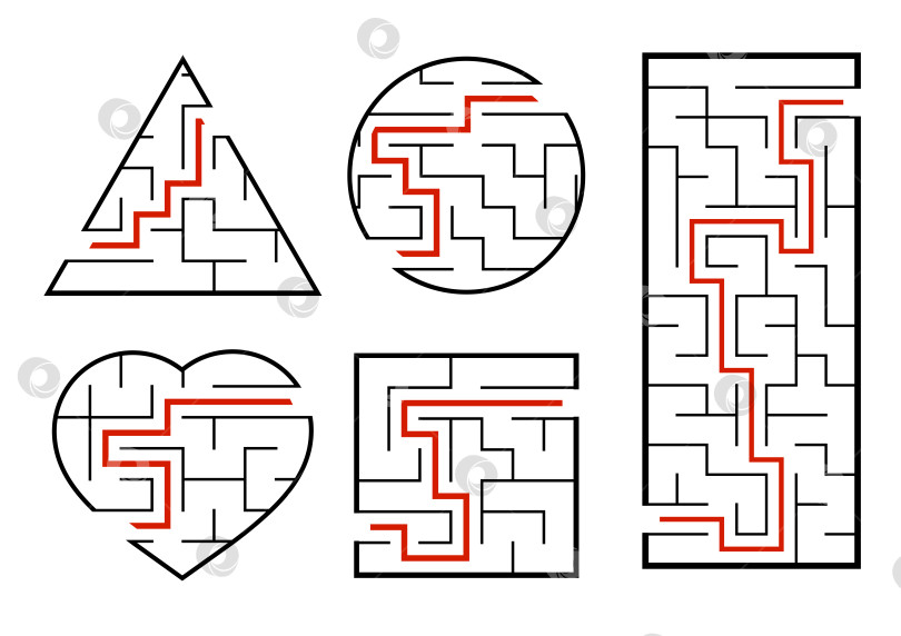 Скачать Набор лабиринтов. Игра для детей. Головоломка для детей. Головоломка-лабиринт. Векторная иллюстрация. фотосток Ozero