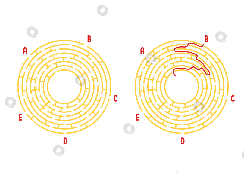 Скачать Цветной круглый лабиринт. Игра для детей. Головоломка для детей. Головоломка-лабиринт. Плоская векторная иллюстрация, выделенная на белом фоне. С ответом. С местом для вашего изображения. фотосток Ozero