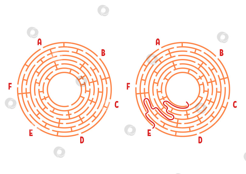 Скачать Цветной круглый лабиринт. Игра для детей. Головоломка для детей. Головоломка-лабиринт. Плоская векторная иллюстрация, выделенная на белом фоне. С ответом. С местом для вашего изображения. фотосток Ozero