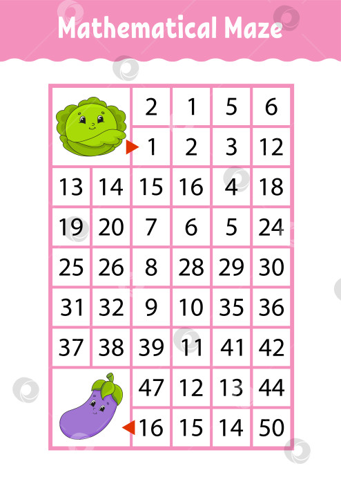 Скачать Математический лабиринт. Игра для детей. Забавный лабиринт. Развивающий лист для обучения. Страница с упражнениями. Головоломка для детей. Милый мультяшный стиль. Загадка для дошкольников. Логическая головоломка. Цветная векторная иллюстрация. фотосток Ozero