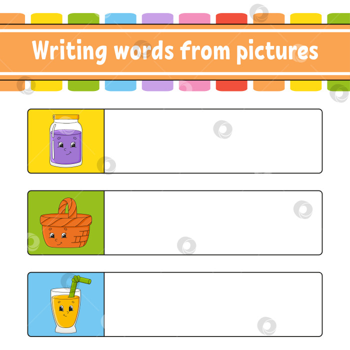 Скачать Составление слов по картинкам. Развивающий лист для обучения. Обучающая игра для детей. Страница с упражнениями. Головоломка для детей. Загадка для дошкольников. Изолированная векторная иллюстрация. Мультяшный стиль. фотосток Ozero