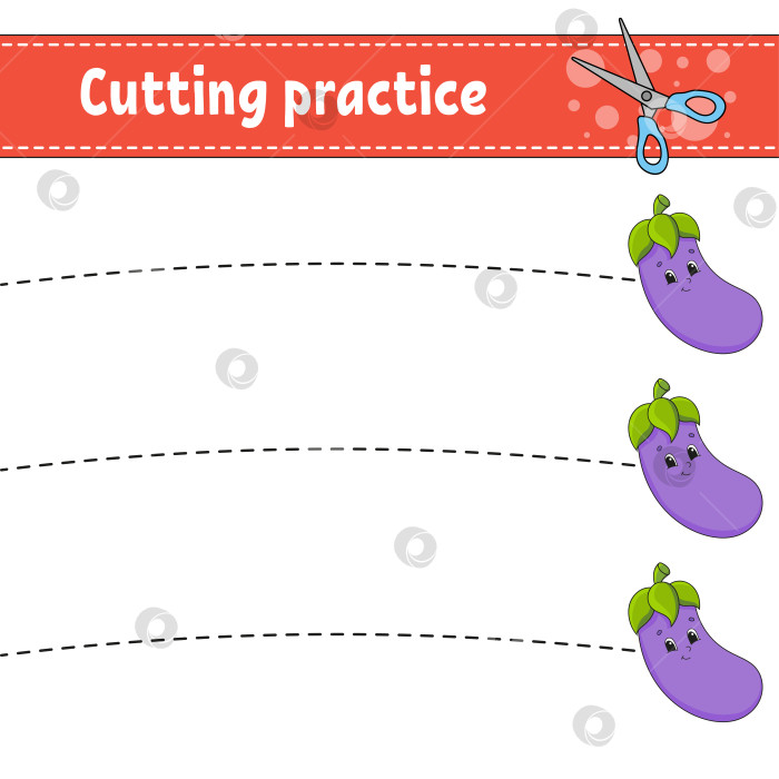 Скачать Практика вырезания для детей. Развивающий лист для обучения. Страница с картинками. Игра для детей. Изолированная векторная иллюстрация. Забавный персонаж. Мультяшный стиль. фотосток Ozero