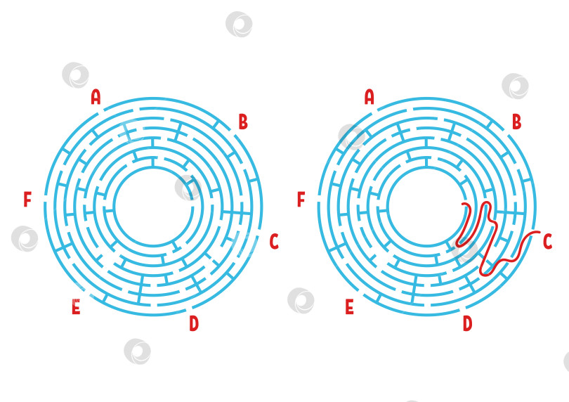 Скачать Цветной круглый лабиринт. Игра для детей. Головоломка для детей. Головоломка-лабиринт. Плоская векторная иллюстрация, выделенная на белом фоне. С ответом. С местом для вашего изображения. фотосток Ozero