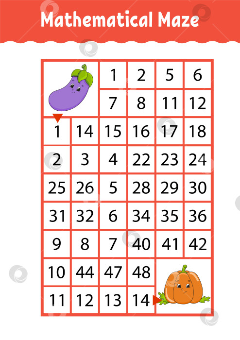 Скачать Математический лабиринт. Игра для детей. Забавный лабиринт. Развивающий лист для обучения. Страница с упражнениями. Головоломка для детей. Милый мультяшный стиль. Загадка для дошкольников. Логическая головоломка. Цветная векторная иллюстрация. фотосток Ozero