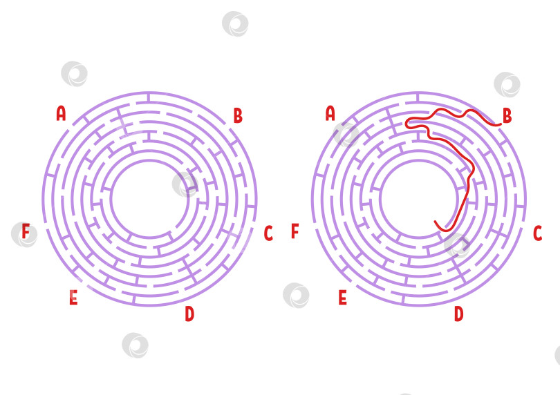 Скачать Цветной круглый лабиринт. Игра для детей. Головоломка для детей. Головоломка-лабиринт. Плоская векторная иллюстрация, выделенная на белом фоне. С ответом. С местом для вашего изображения. фотосток Ozero